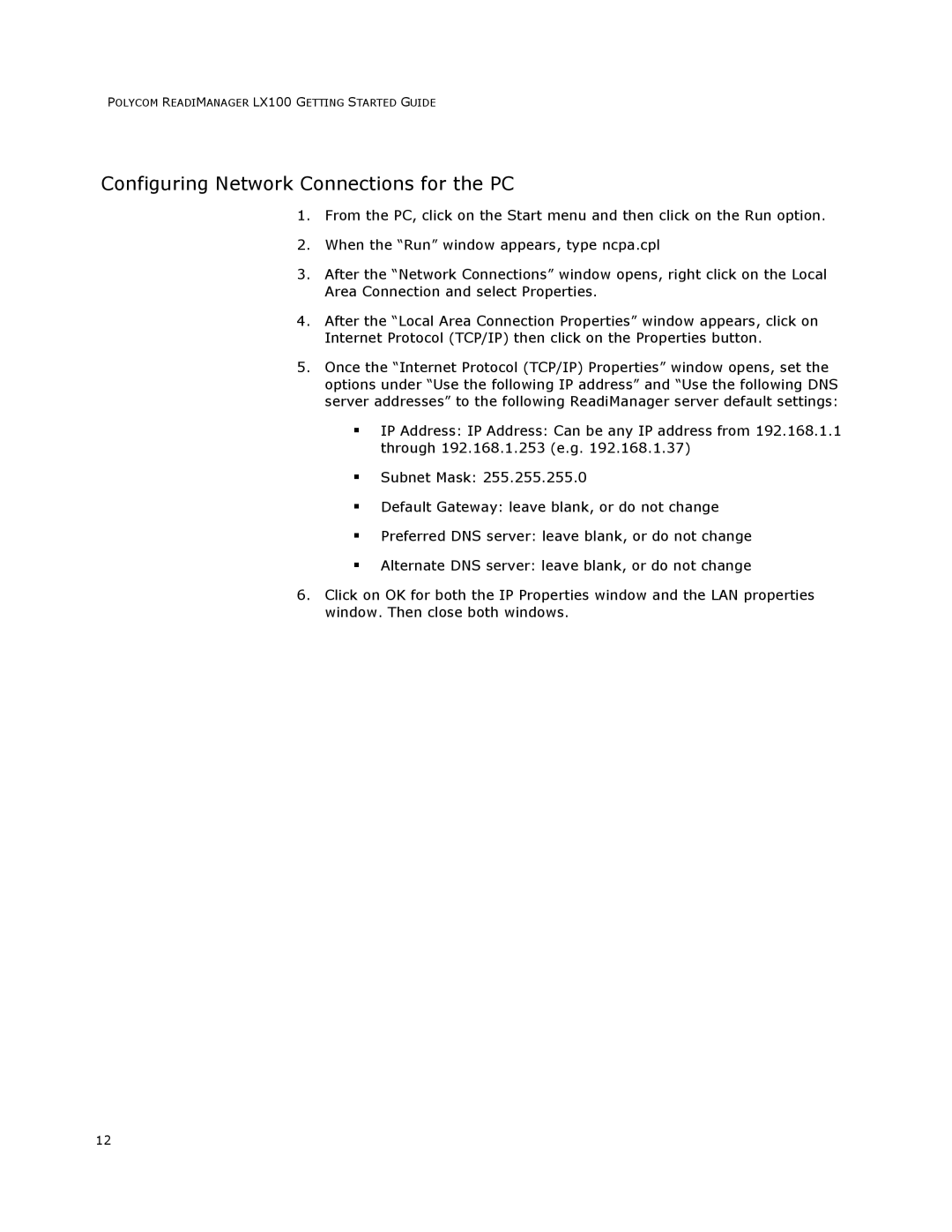 Polycom LX100 manual Configuring Network Connections for the PC 