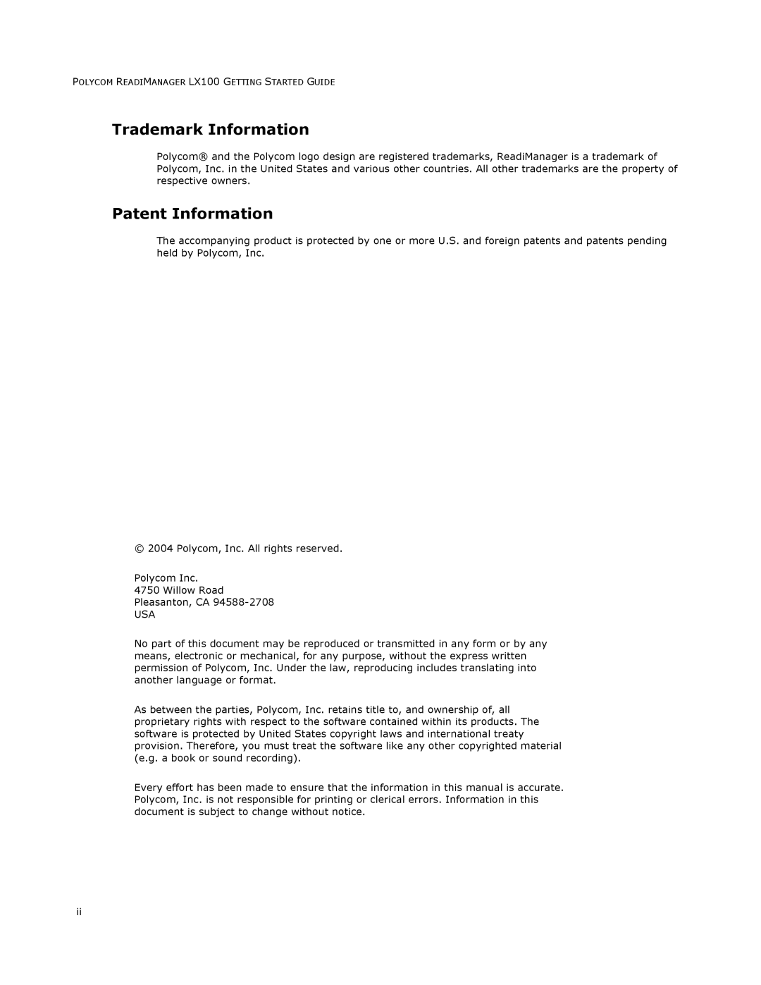 Polycom LX100 manual Trademark Information 