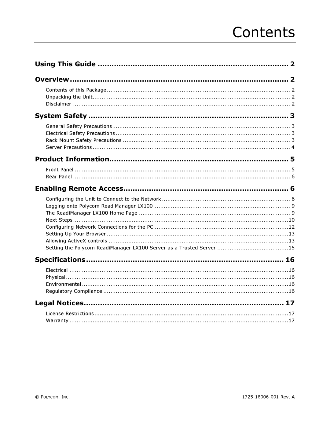 Polycom LX100 manual Contents 