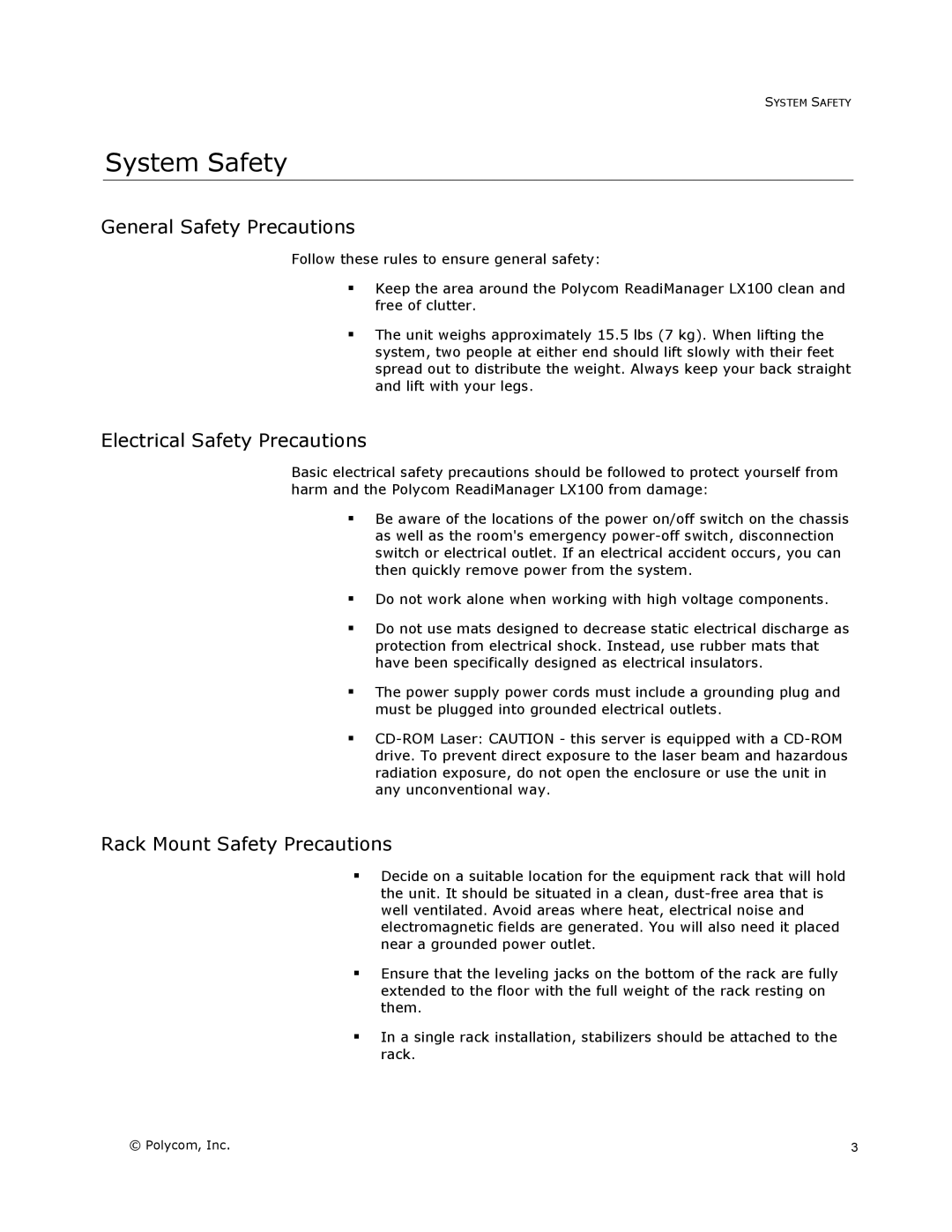 Polycom LX100 System Safety, General Safety Precautions, Electrical Safety Precautions, Rack Mount Safety Precautions 