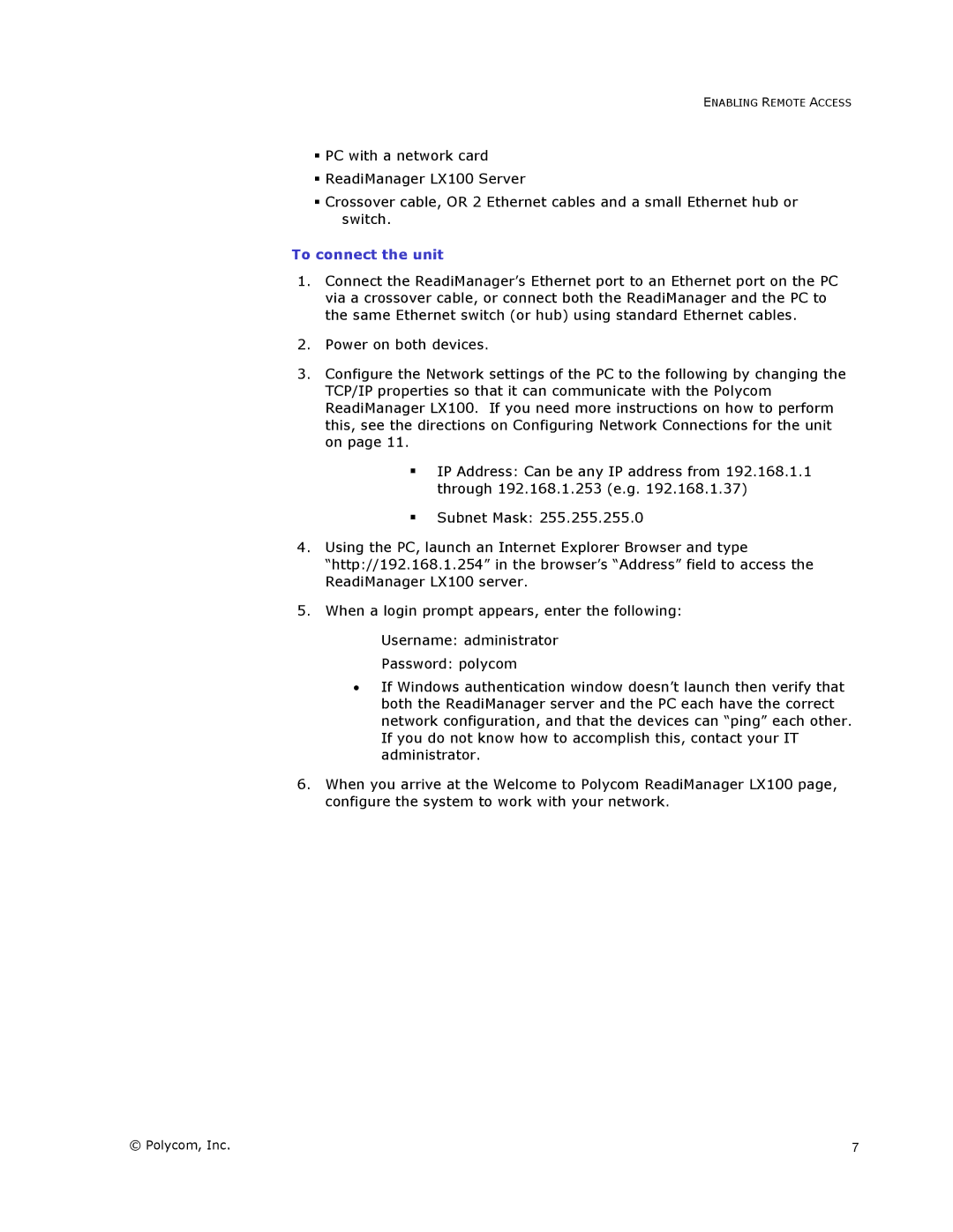 Polycom LX100 manual To connect the unit 