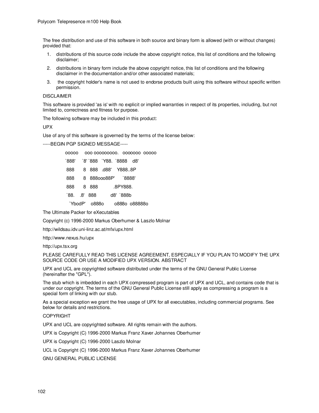 Polycom m100 manual Disclaimer, Upx, Begin PGP Signed Message, Copyright, GNU General Public License 