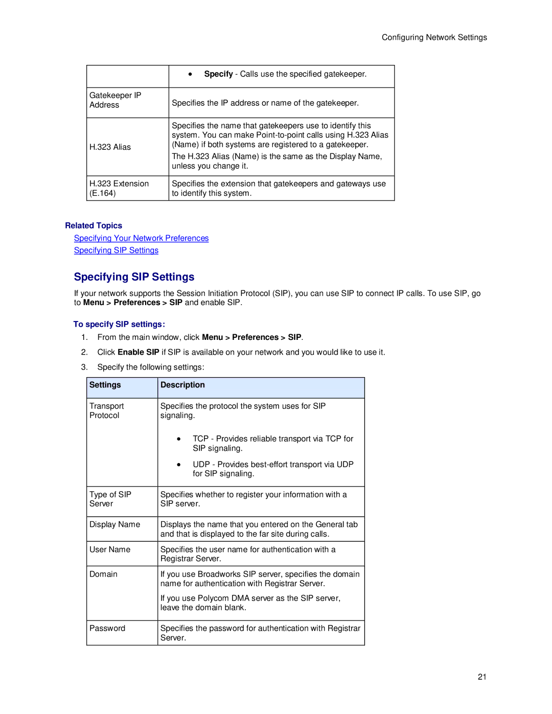 Polycom m100 manual Specifying SIP Settings, To specify SIP settings, Settings Description 