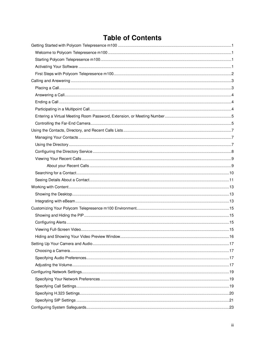 Polycom m100 manual Table of Contents 