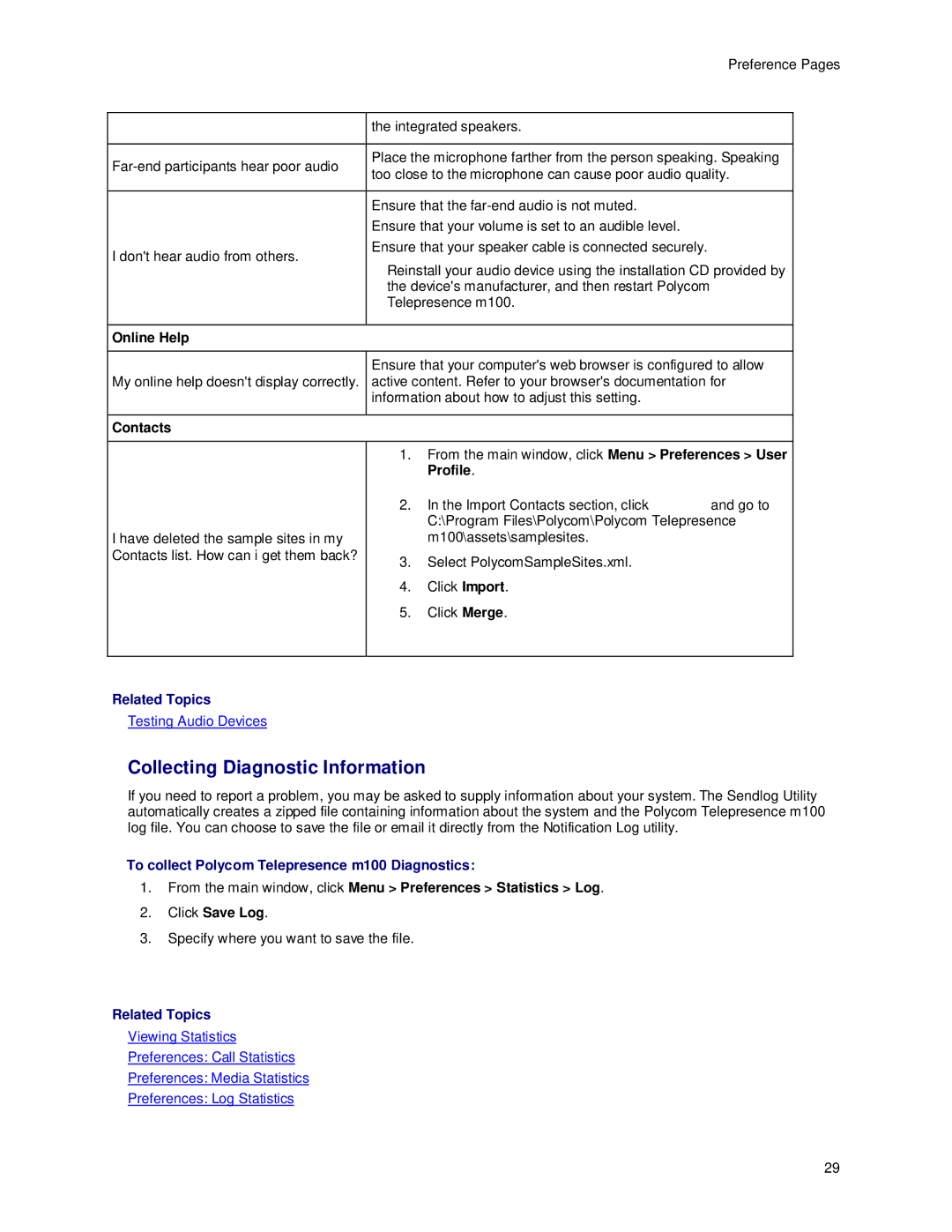 Polycom m100 manual Collecting Diagnostic Information, Online Help, Contacts, Profile 