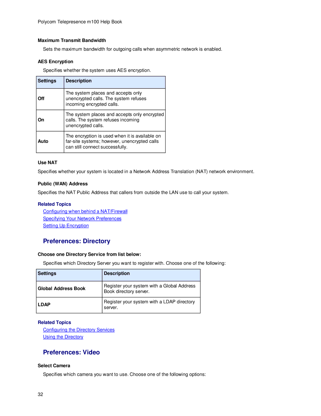 Polycom m100 manual Preferences Directory, Preferences Video, Ldap 