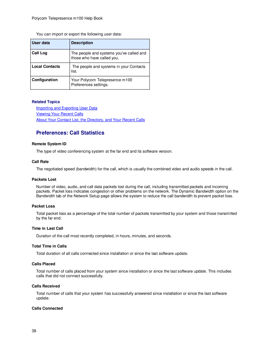 Polycom m100 manual Preferences Call Statistics 