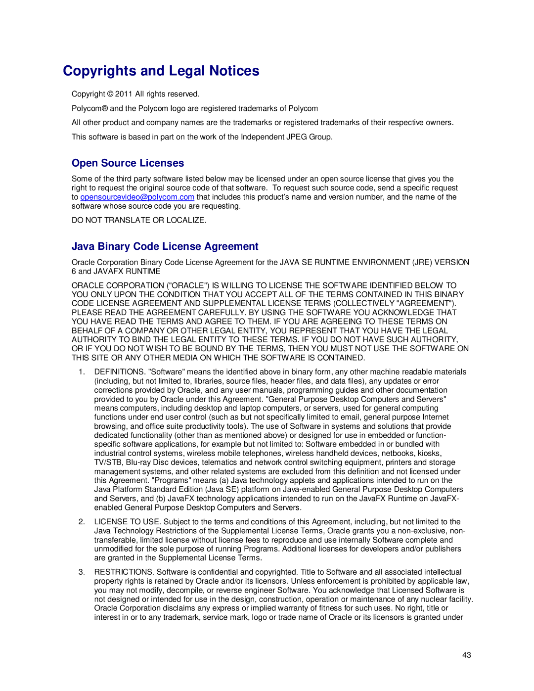 Polycom m100 manual Copyrights and Legal Notices, Open Source Licenses, Java Binary Code License Agreement 