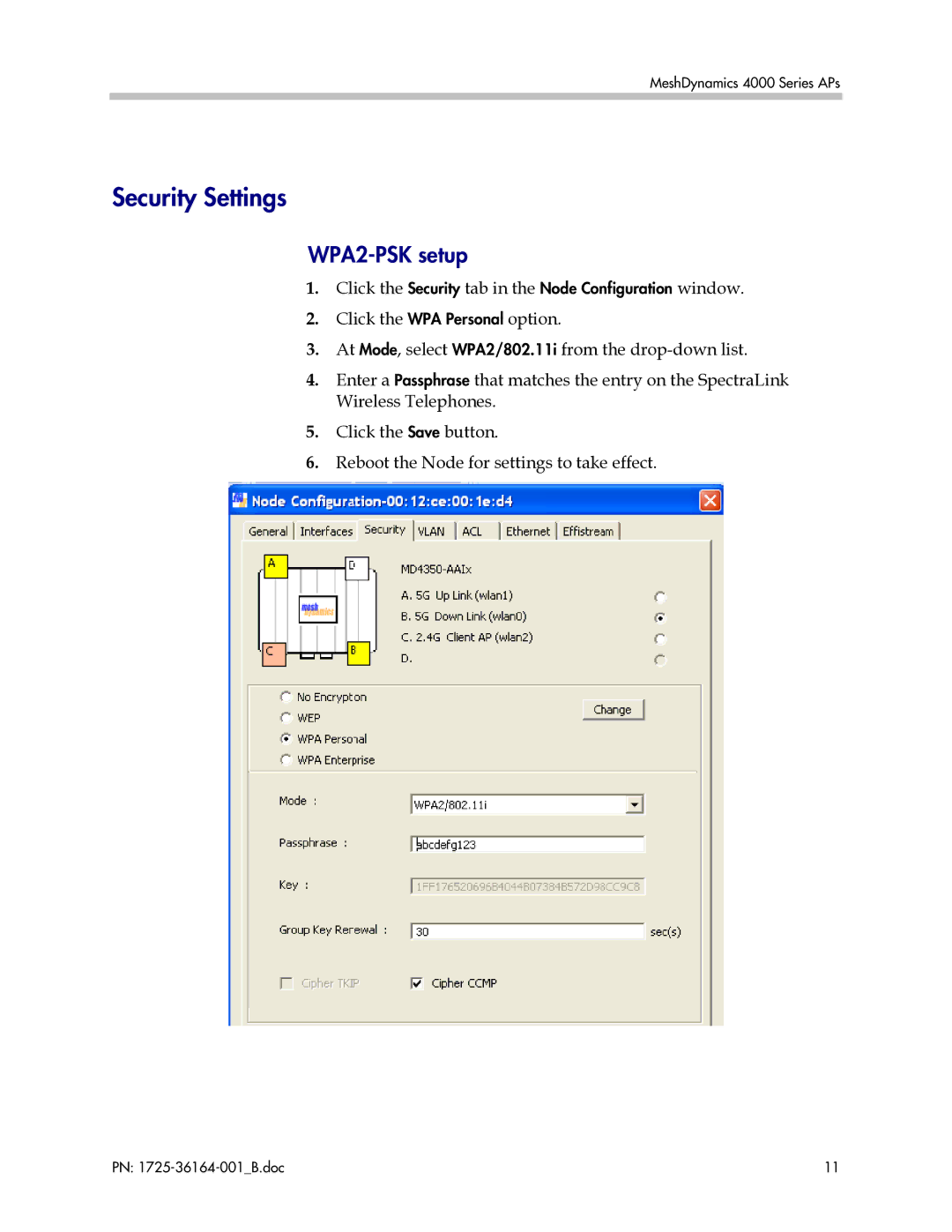 Polycom MD4000 manual Security Settings, WPA2-PSK setup 