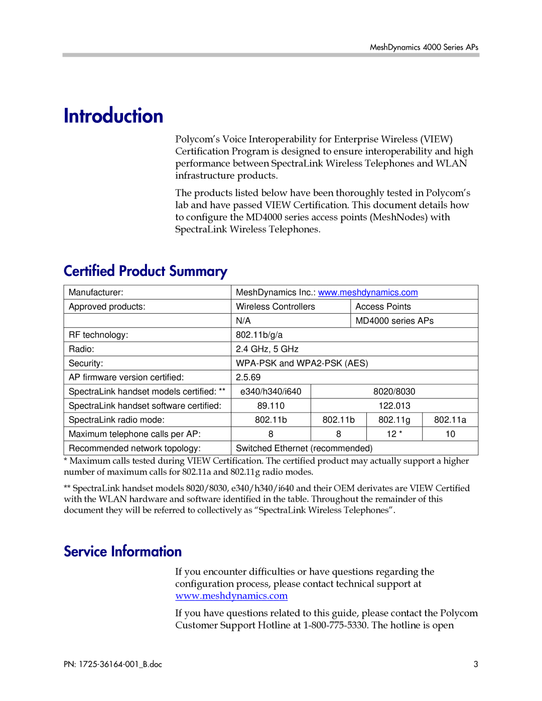 Polycom MD4000 manual Introduction, Certified Product Summary, Service Information 