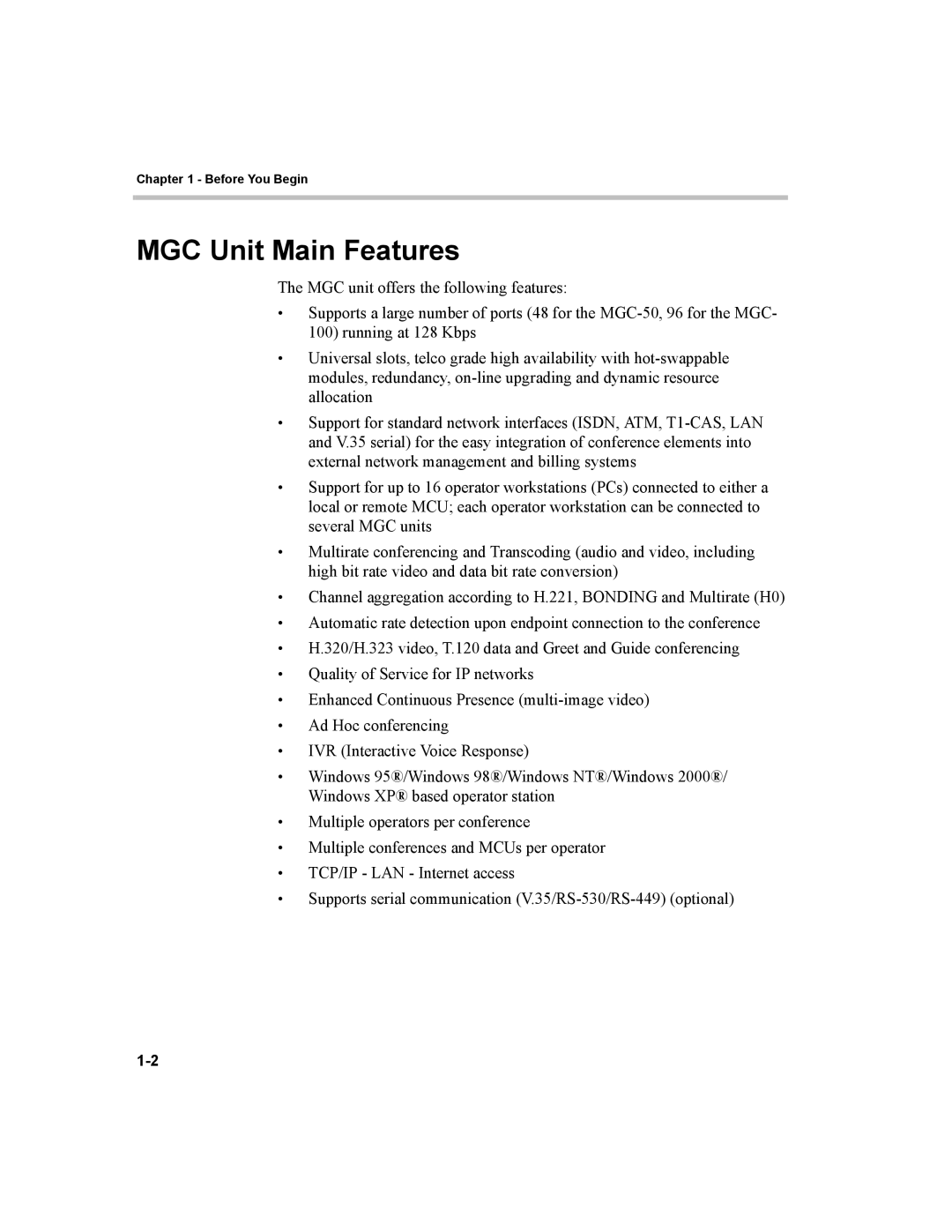 Polycom MGC-50, MGC-100 manual MGC Unit Main Features 