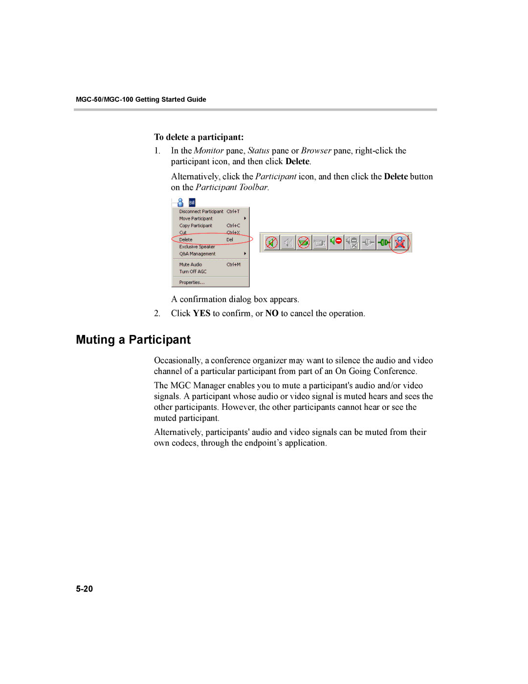 Polycom MGC-50, MGC-100 manual Muting a Participant, To delete a participant 