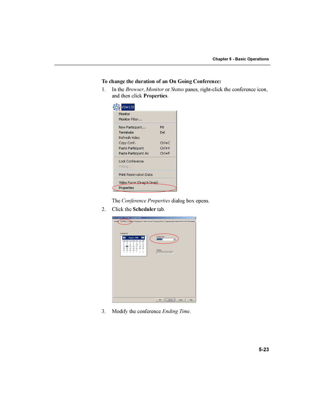 Polycom MGC-100, MGC-50 manual To change the duration of an On Going Conference, Conference Properties dialog box opens 