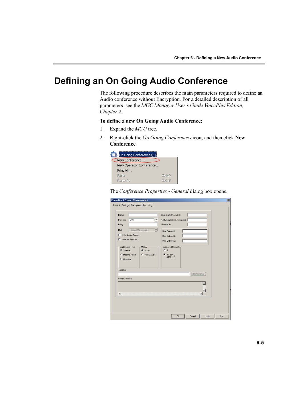 Polycom MGC-100, MGC-50 manual Defining an On Going Audio Conference, To define a new On Going Audio Conference 