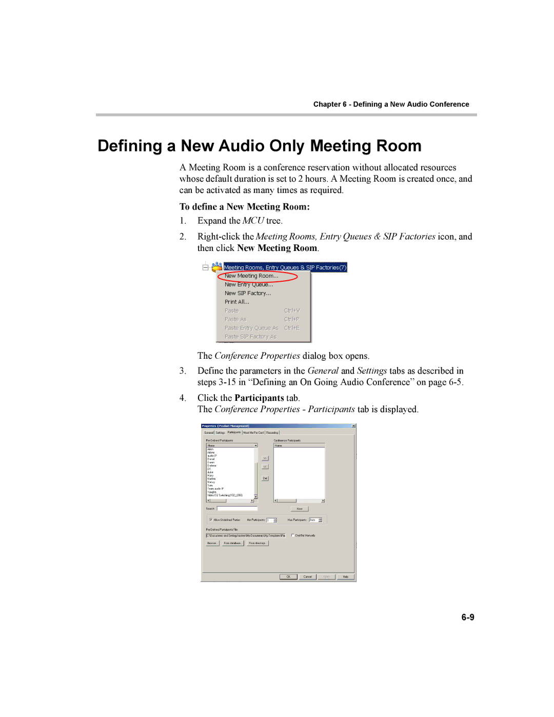 Polycom MGC-100, MGC-50 manual Defining a New Audio Only Meeting Room, To define a New Meeting Room 