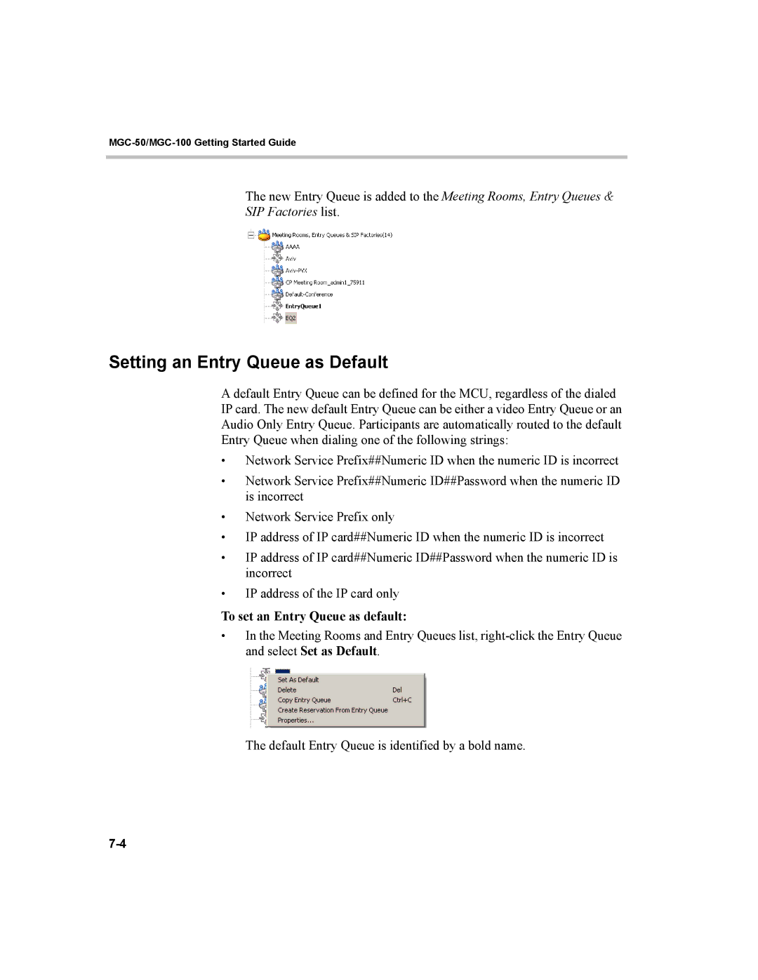 Polycom MGC-50, MGC-100 manual Setting an Entry Queue as Default, SIP Factories list, To set an Entry Queue as default 