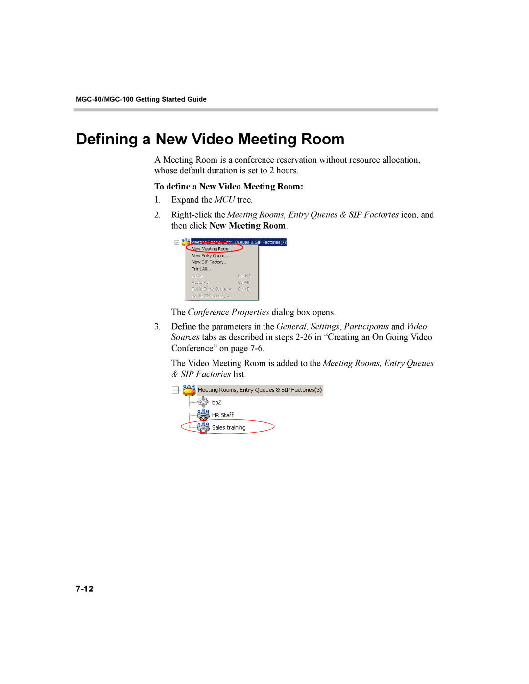 Polycom MGC-50, MGC-100 manual Defining a New Video Meeting Room, To define a New Video Meeting Room 