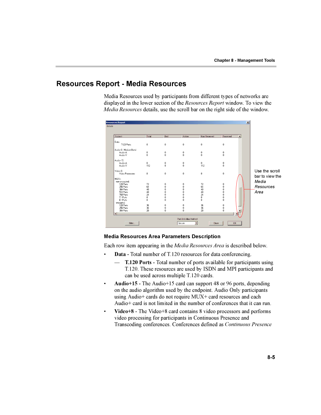 Polycom MGC-100, MGC-50 manual Resources Report Media Resources 