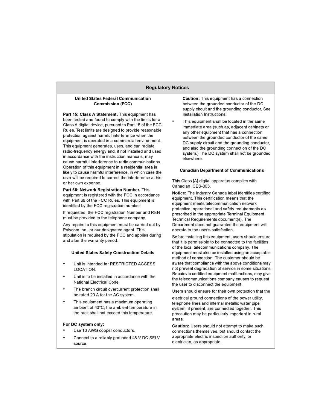 Polycom MGC-100, MGC-50 manual Regulatory Notices, United States Federal Communication Commission FCC 