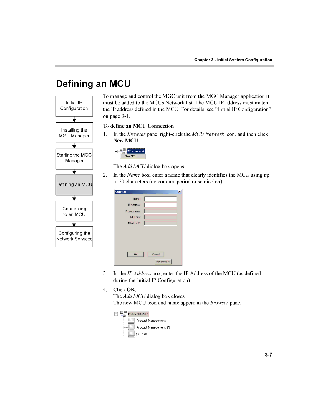 Polycom MGC-100, MGC-50 manual Defining an MCU, To define an MCU Connection 