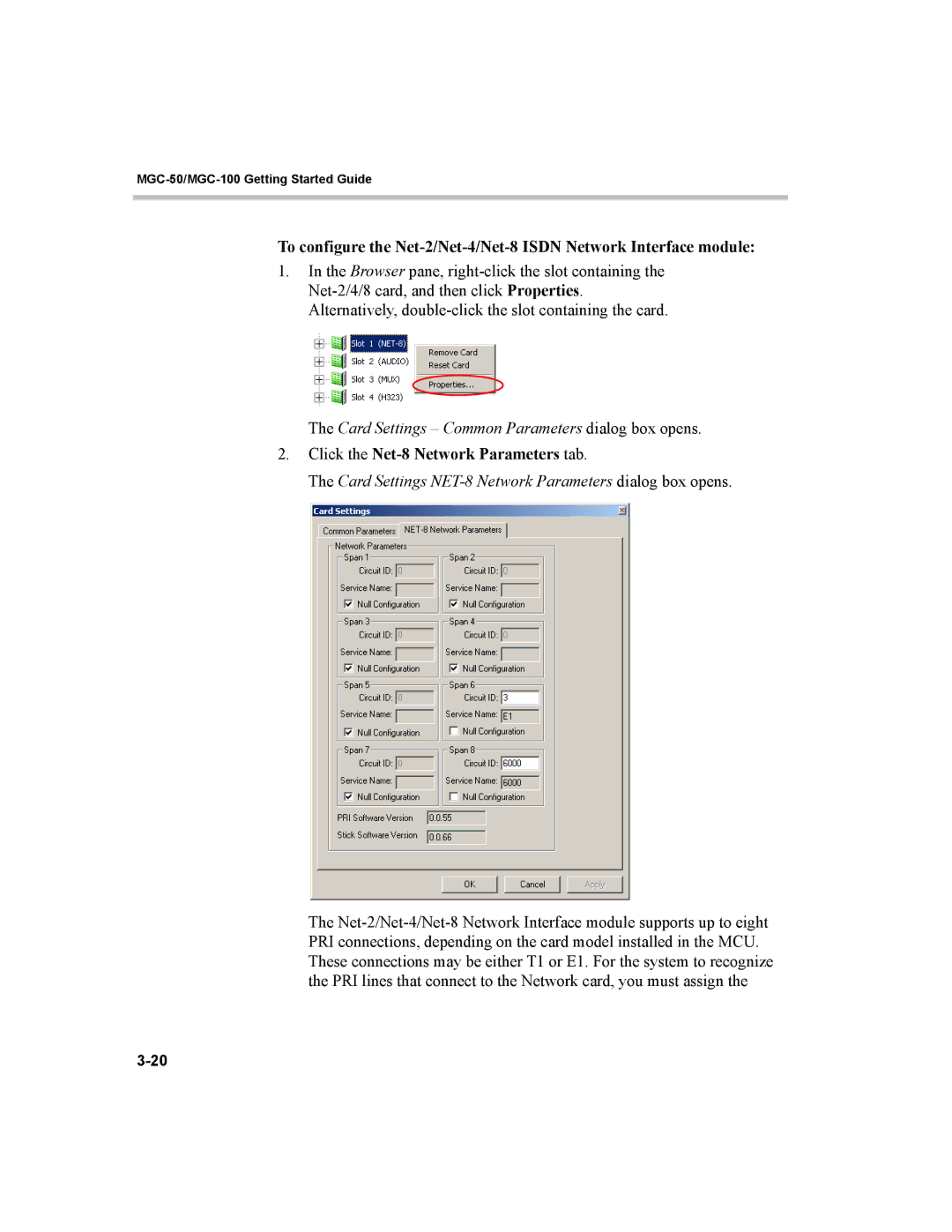 Polycom MGC-50, MGC-100 manual Card Settings Common Parameters dialog box opens, Click the Net-8 Network Parameters tab 