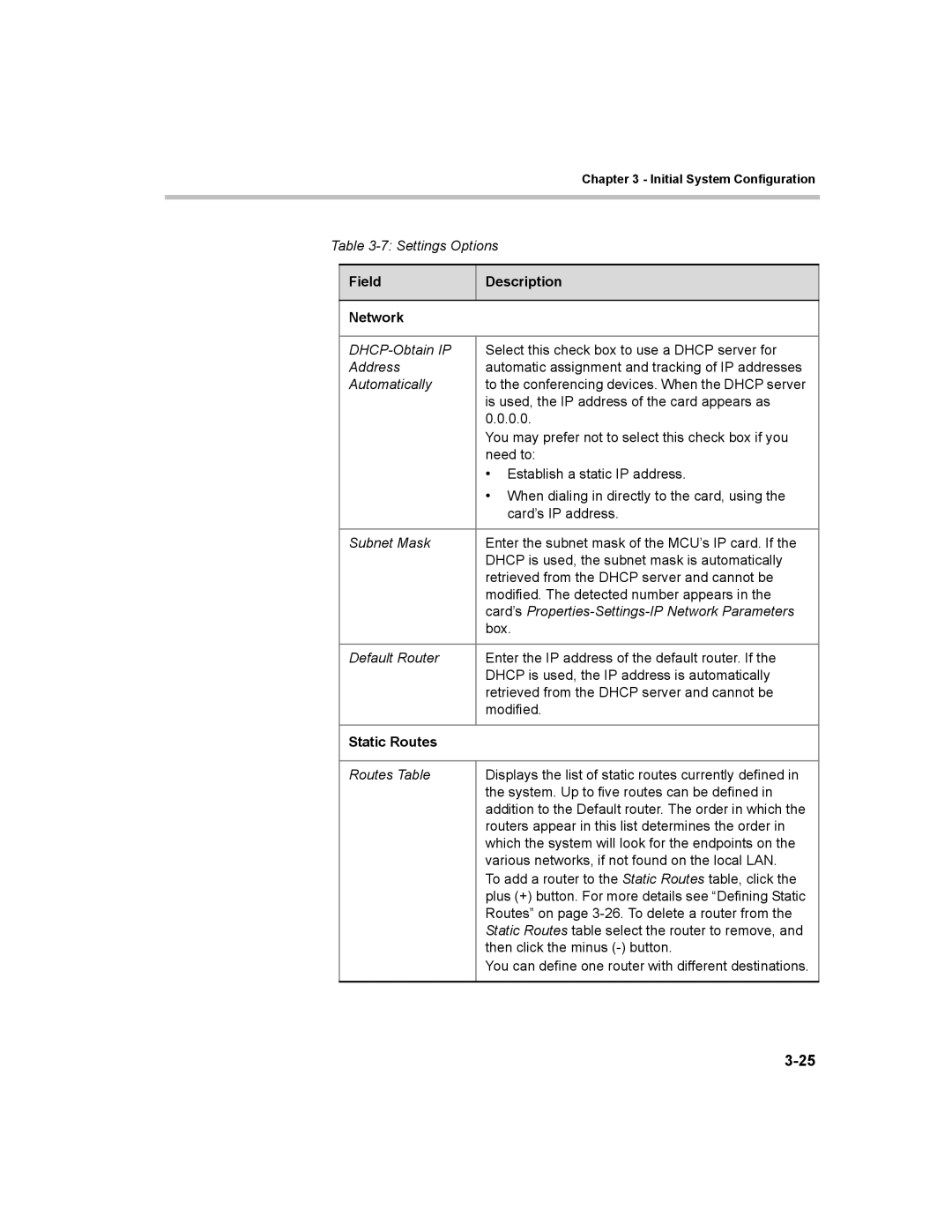 Polycom MGC-100, MGC-50 manual Field Description Network, Static Routes 