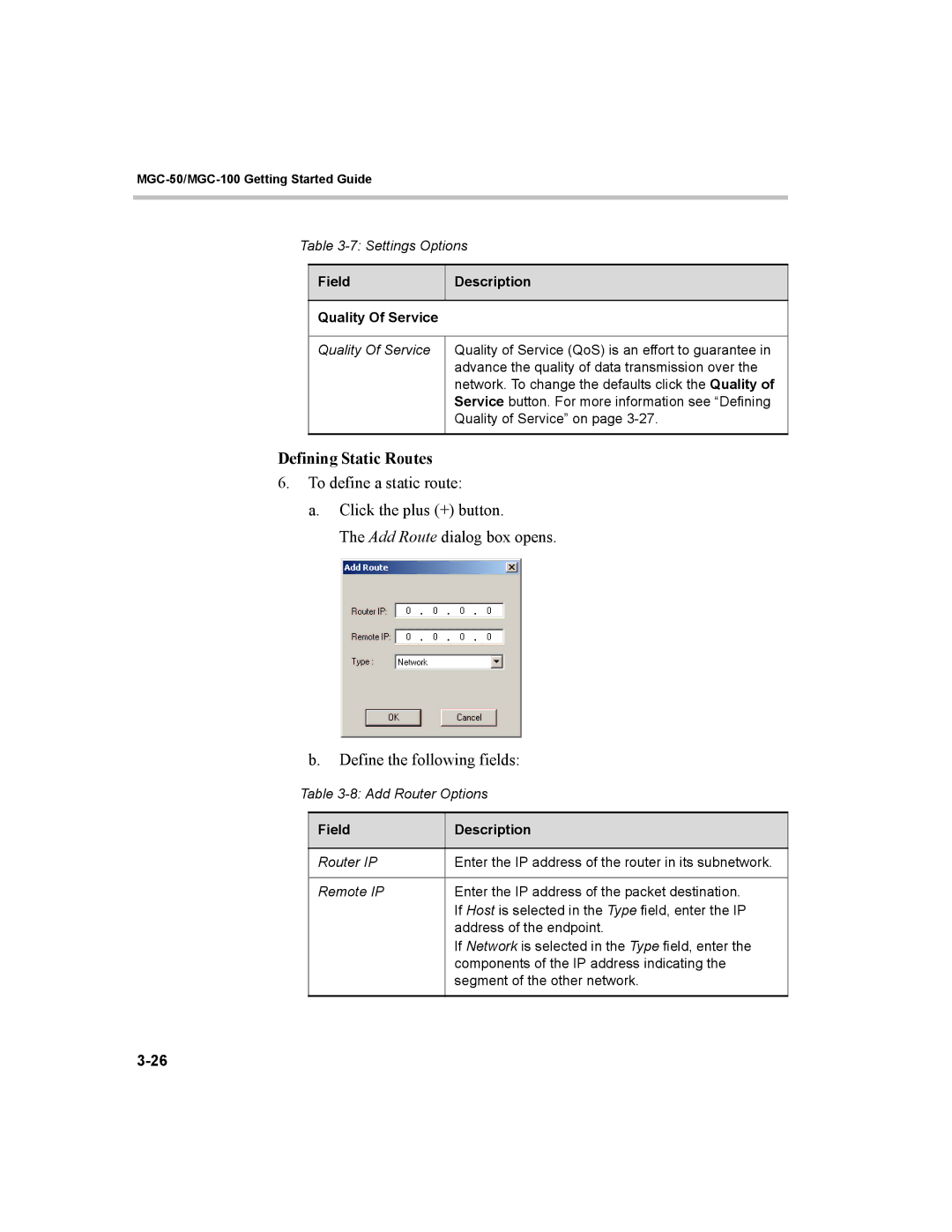 Polycom MGC-50, MGC-100 manual Defining Static Routes, Field Description Quality Of Service 