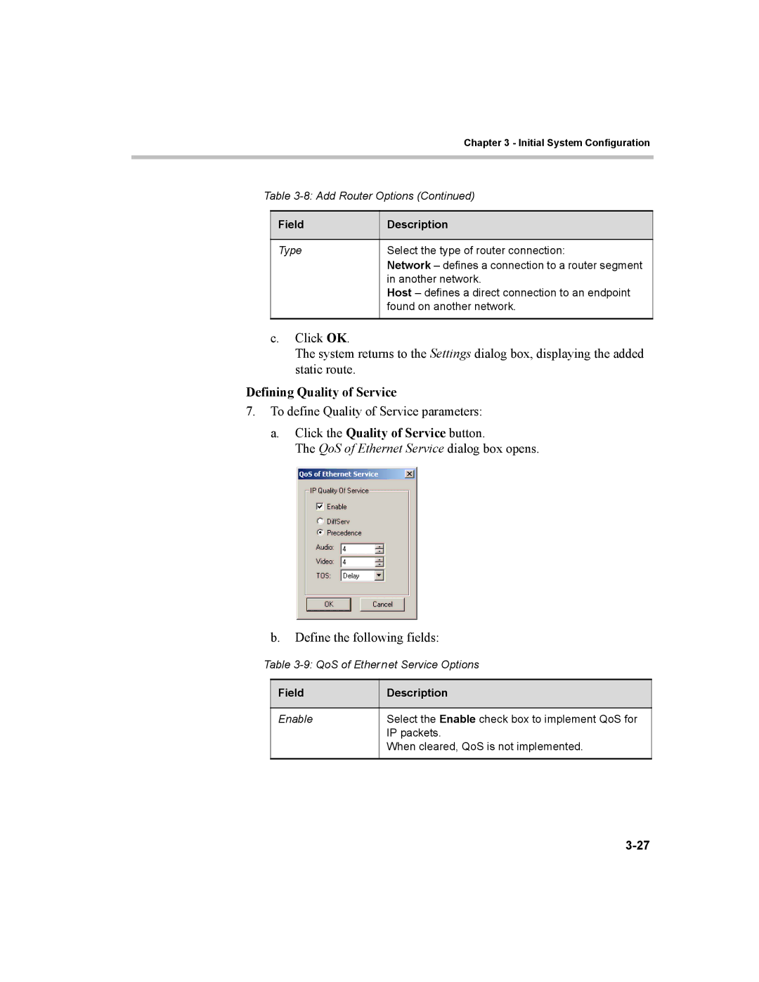 Polycom MGC-100 Defining Quality of Service, Click the Quality of Service button, QoS of Ethernet Service dialog box opens 