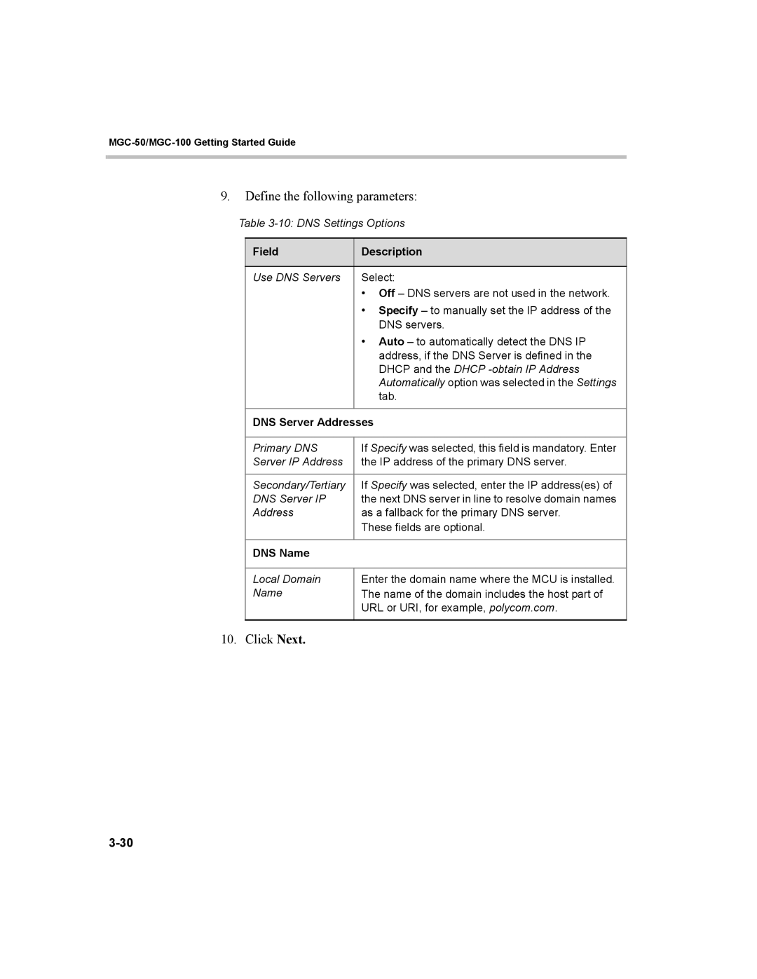 Polycom MGC-50, MGC-100 manual DNS Server Addresses, DNS Name 