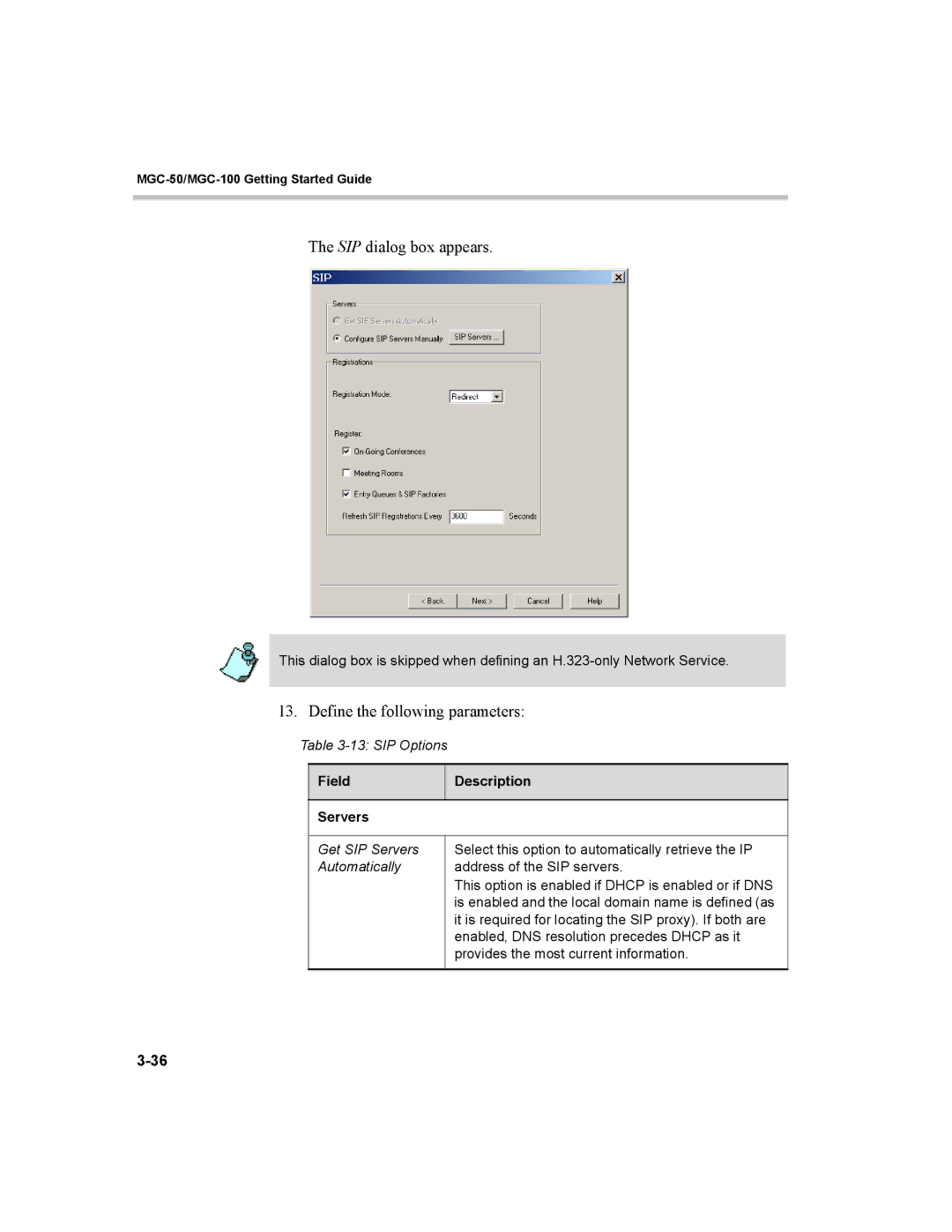 Polycom MGC-50, MGC-100 manual Field Description Servers, Get SIP Servers Automatically 