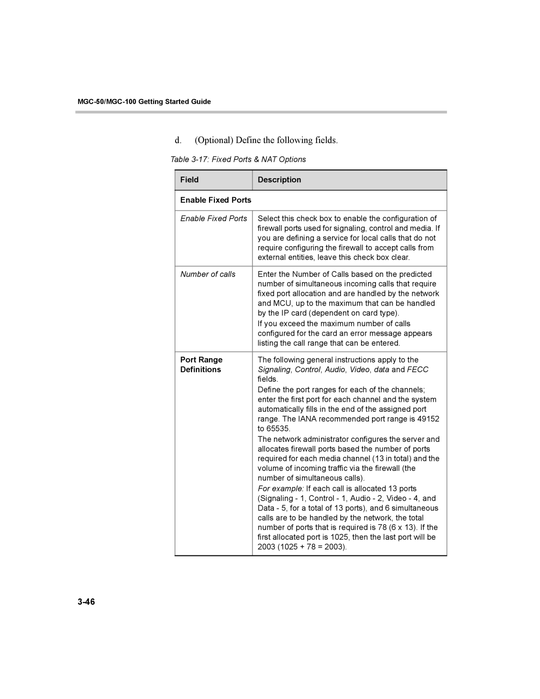 Polycom MGC-50, MGC-100 manual Field Description Enable Fixed Ports, Port Range, Definitions 