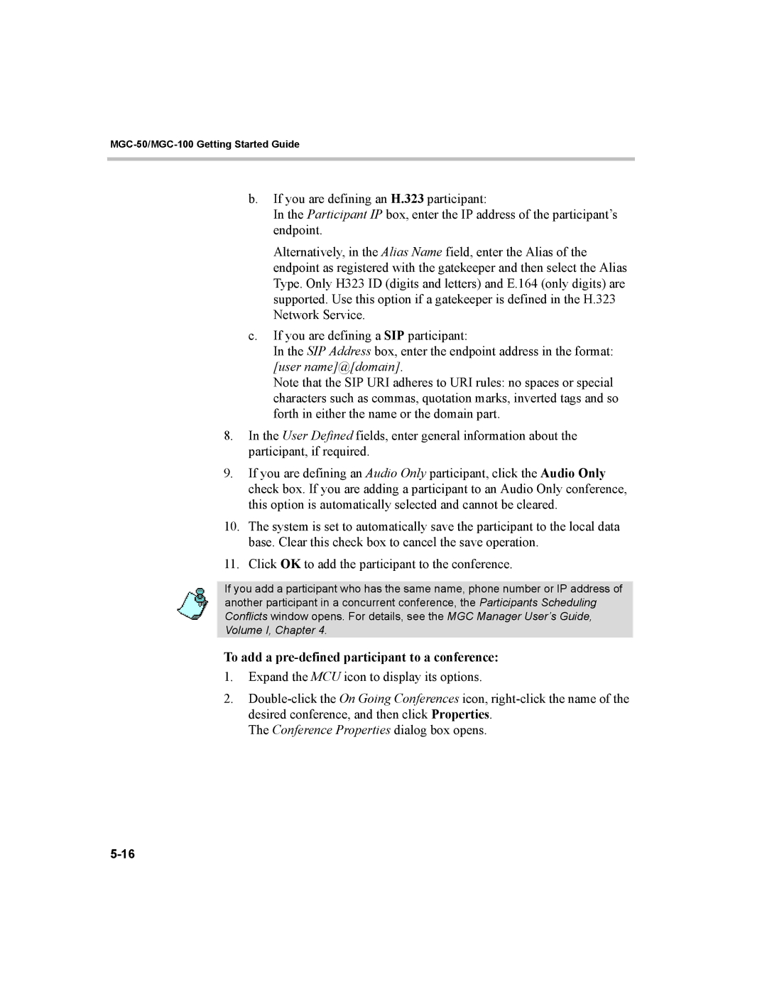 Polycom MGC-50, MGC-100 manual To add a pre-defined participant to a conference, Conference Properties dialog box opens 