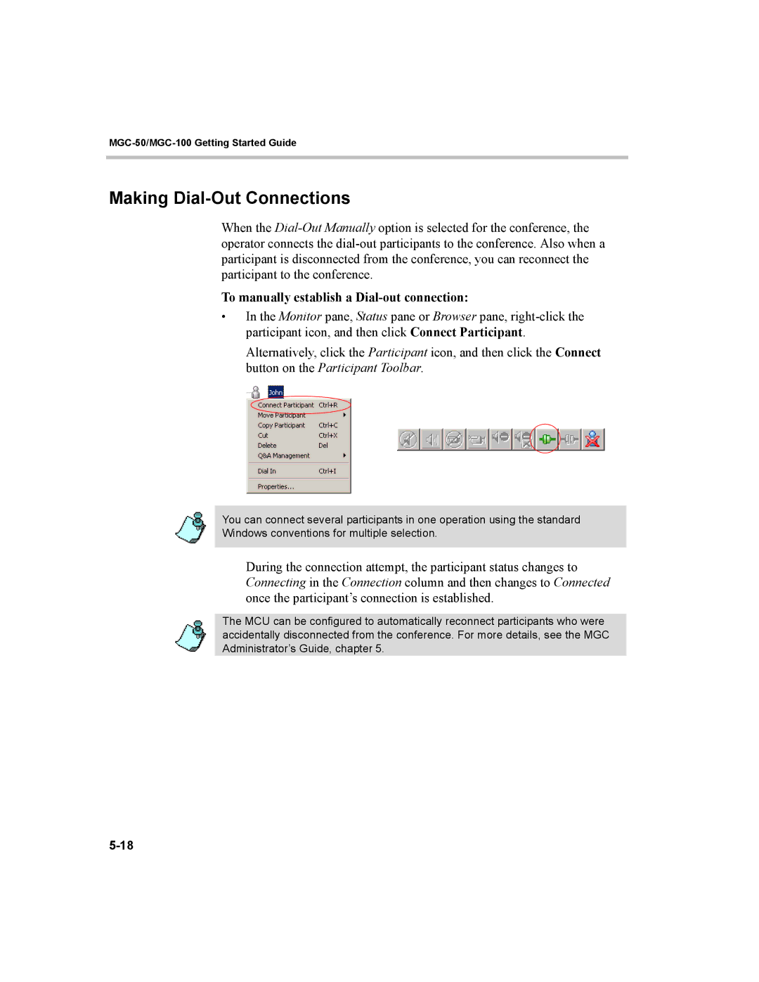 Polycom MGC-50, MGC-100 Making Dial-Out Connections, To manually establish a Dial-out connection 