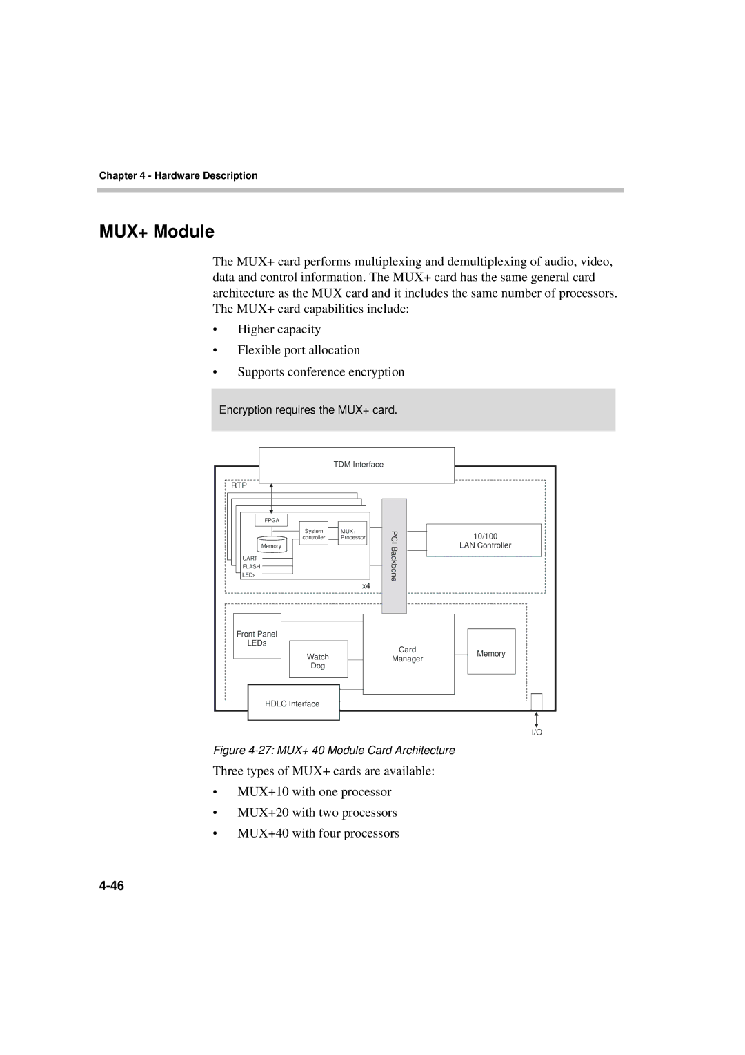 Polycom MGC-50/MGC-100 installation manual MUX+ Module, Encryption requires the MUX+ card 