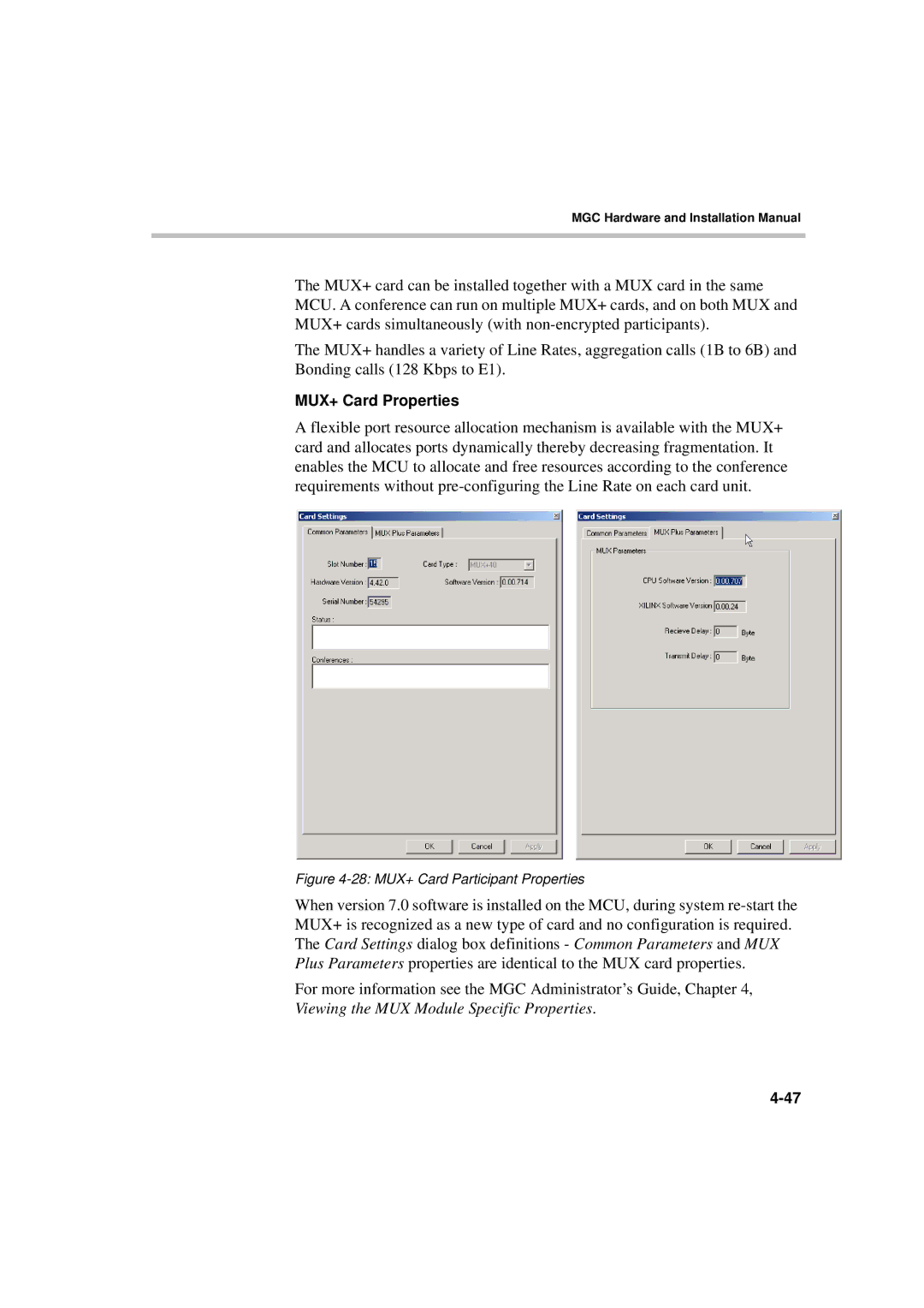 Polycom MGC-50/MGC-100 installation manual MUX+ Card Properties, 28 MUX+ Card Participant Properties 