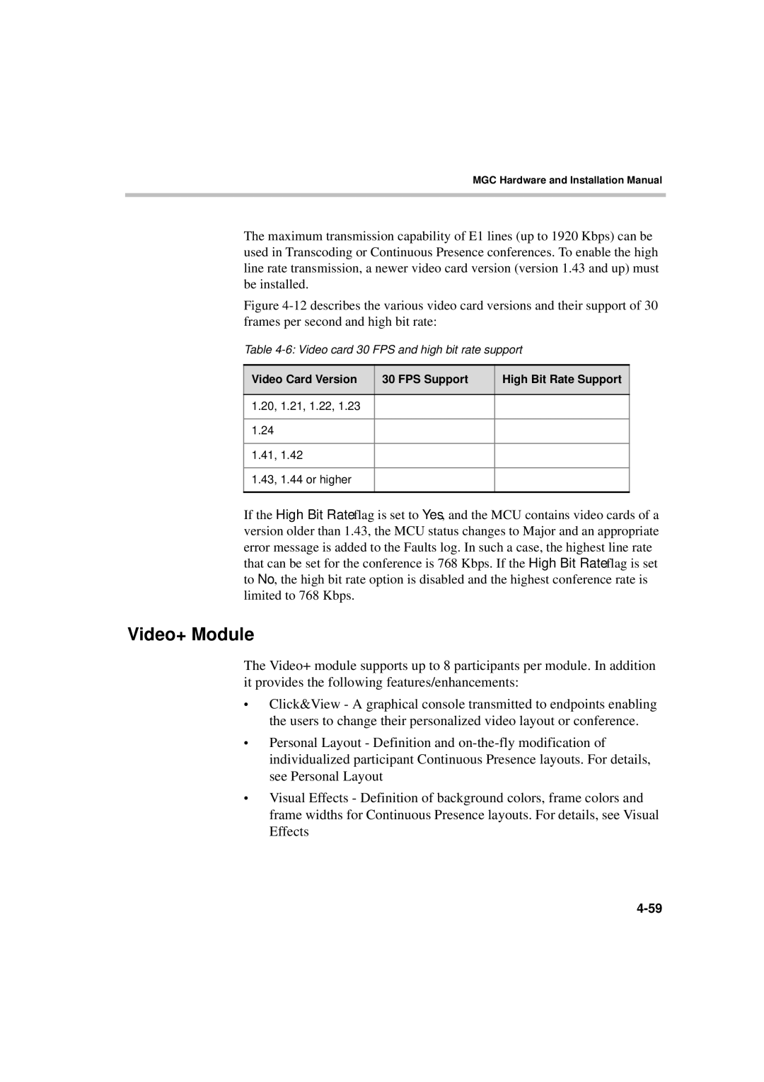 Polycom MGC-50/MGC-100 installation manual Video+ Module, Video Card Version FPS Support High Bit Rate Support 