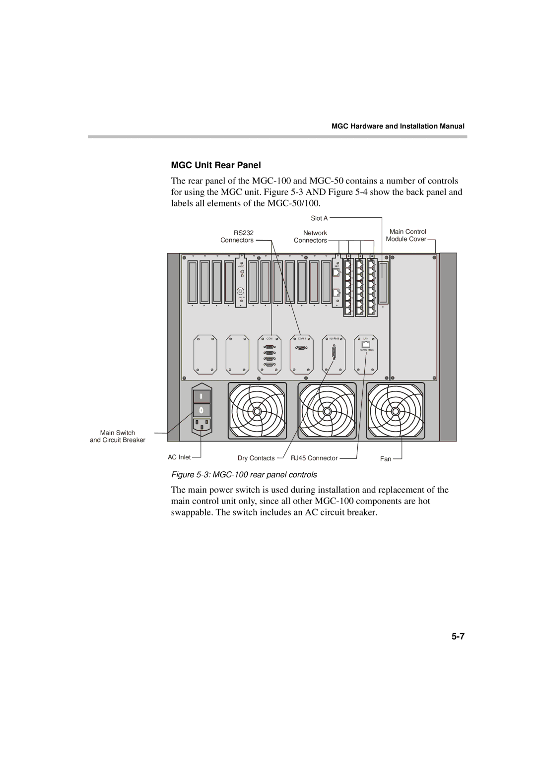 Polycom MGC-50/MGC-100 installation manual MGC Unit Rear Panel, MGC-100 rear panel controls 