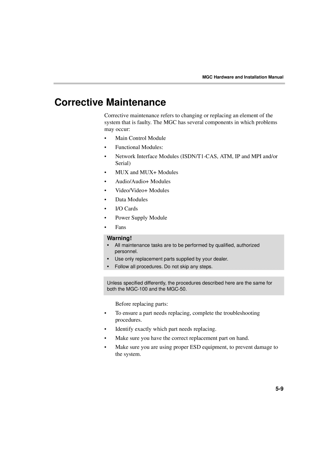 Polycom MGC-50/MGC-100 installation manual Corrective Maintenance 