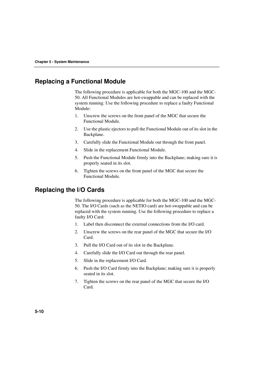 Polycom MGC-50/MGC-100 installation manual Replacing a Functional Module, Replacing the I/O Cards 