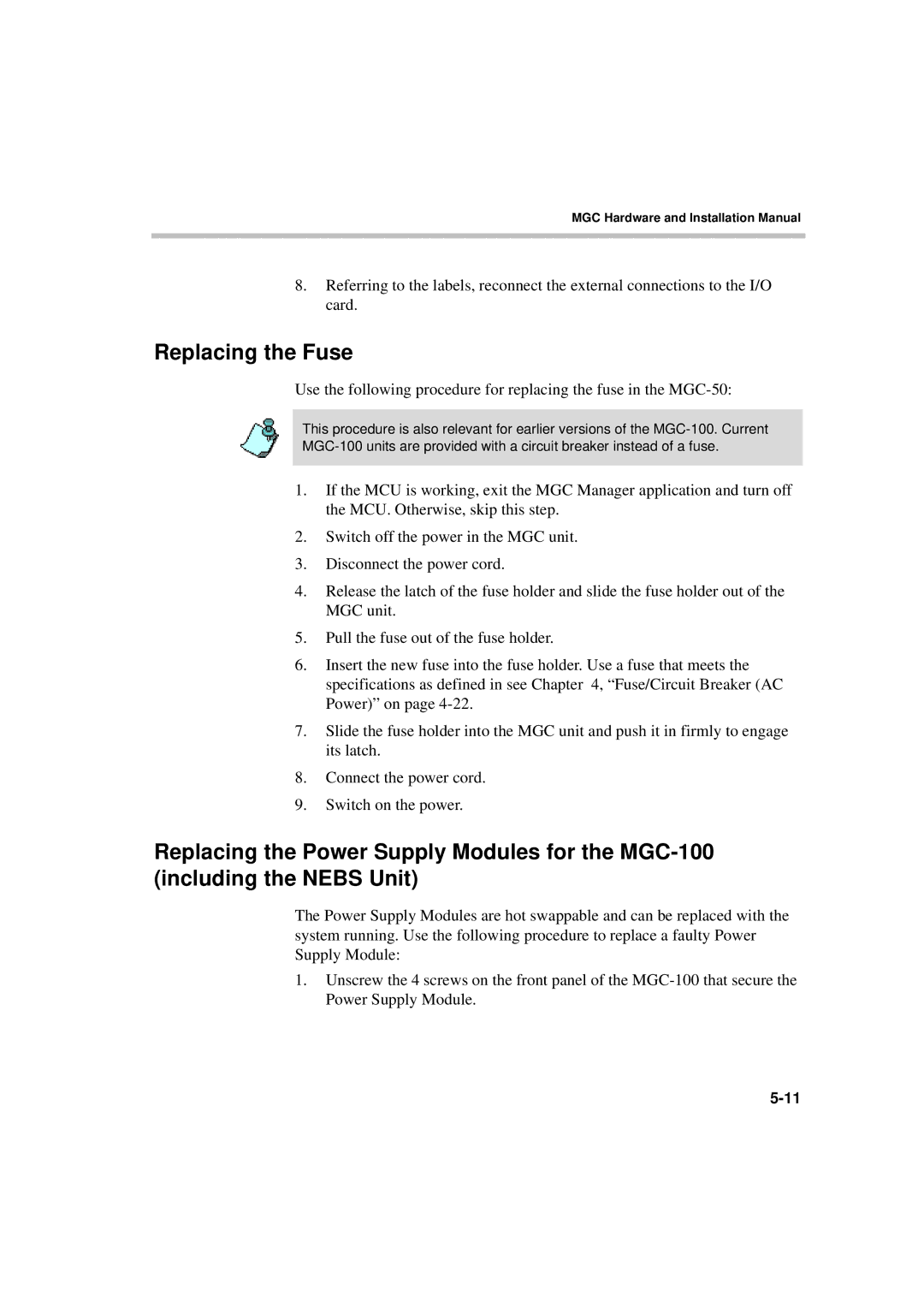 Polycom MGC-50/MGC-100 installation manual Replacing the Fuse 