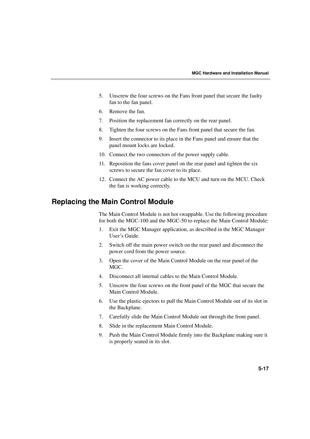 Polycom MGC-50/MGC-100 installation manual Replacing the Main Control Module 