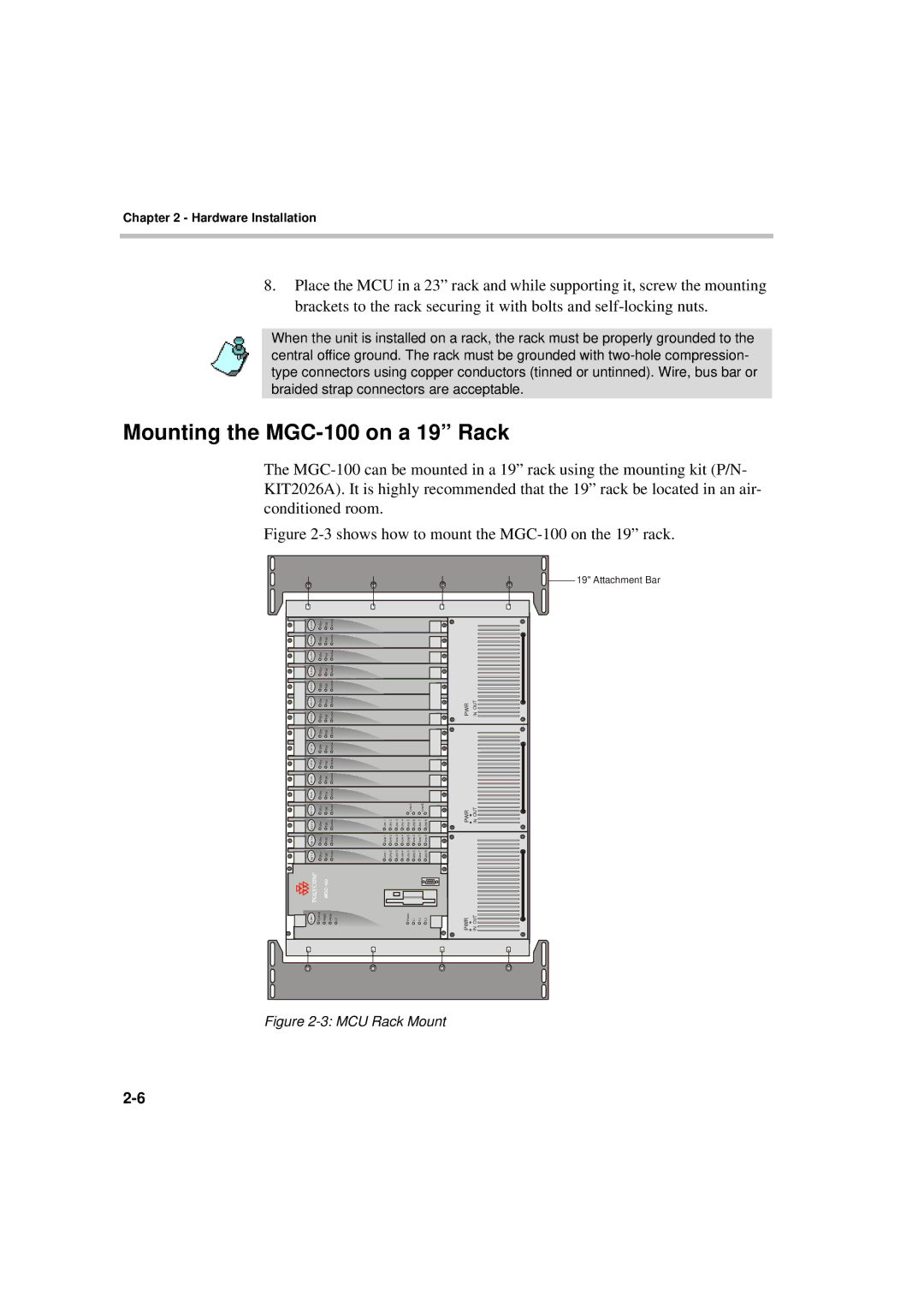 Polycom MGC-50/MGC-100 installation manual Mounting the MGC-100 on a 19 Rack, Attachment Bar 