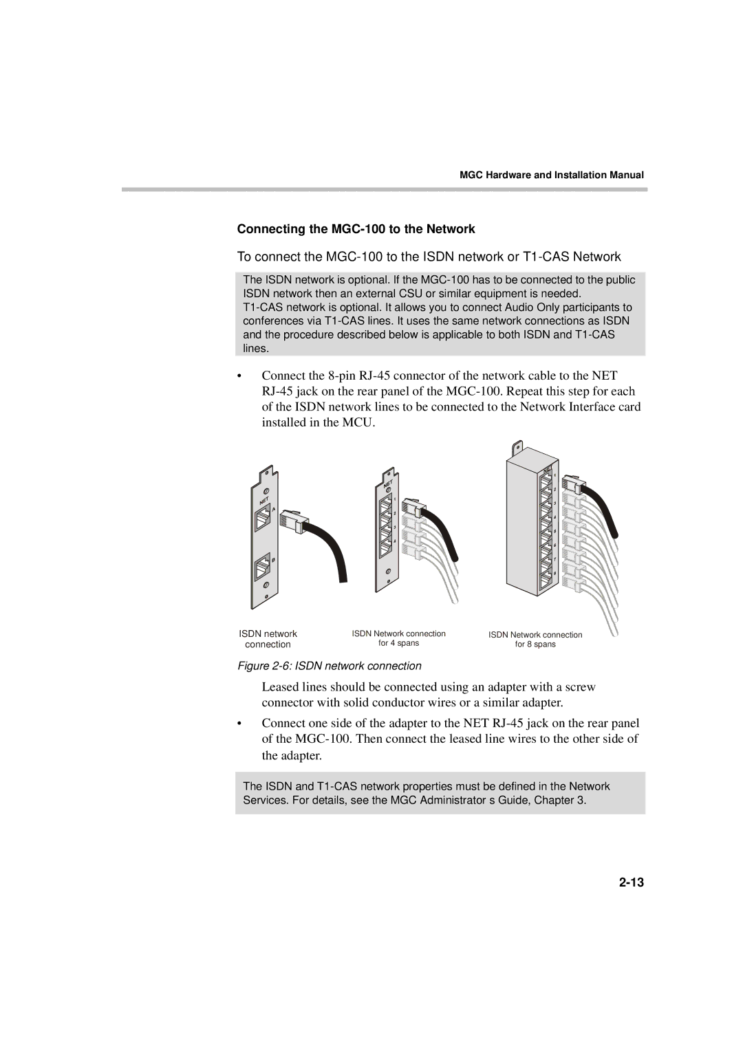 Polycom MGC-50/MGC-100 installation manual Connecting the MGC-100 to the Network, Isdn network connection 