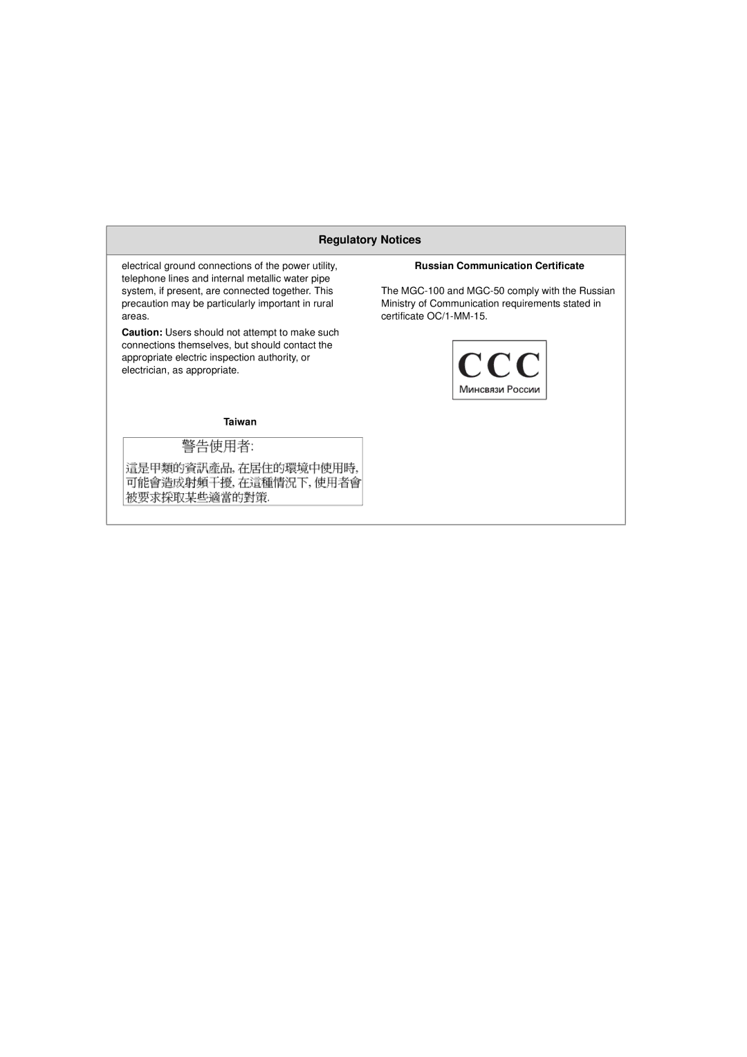 Polycom MGC-50/MGC-100 installation manual Taiwan Russian Communication Certificate 