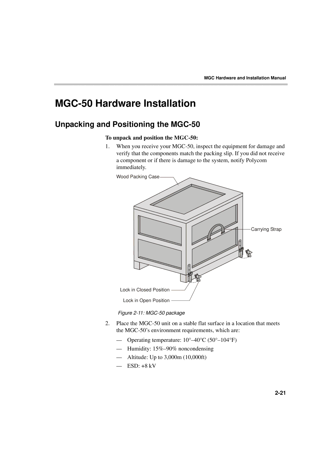 Polycom MGC-50/MGC-100 installation manual MGC-50 Hardware Installation, Unpacking and Positioning the MGC-50 