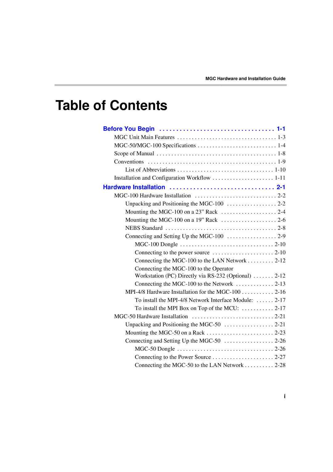 Polycom MGC-50/MGC-100 installation manual Table of Contents 