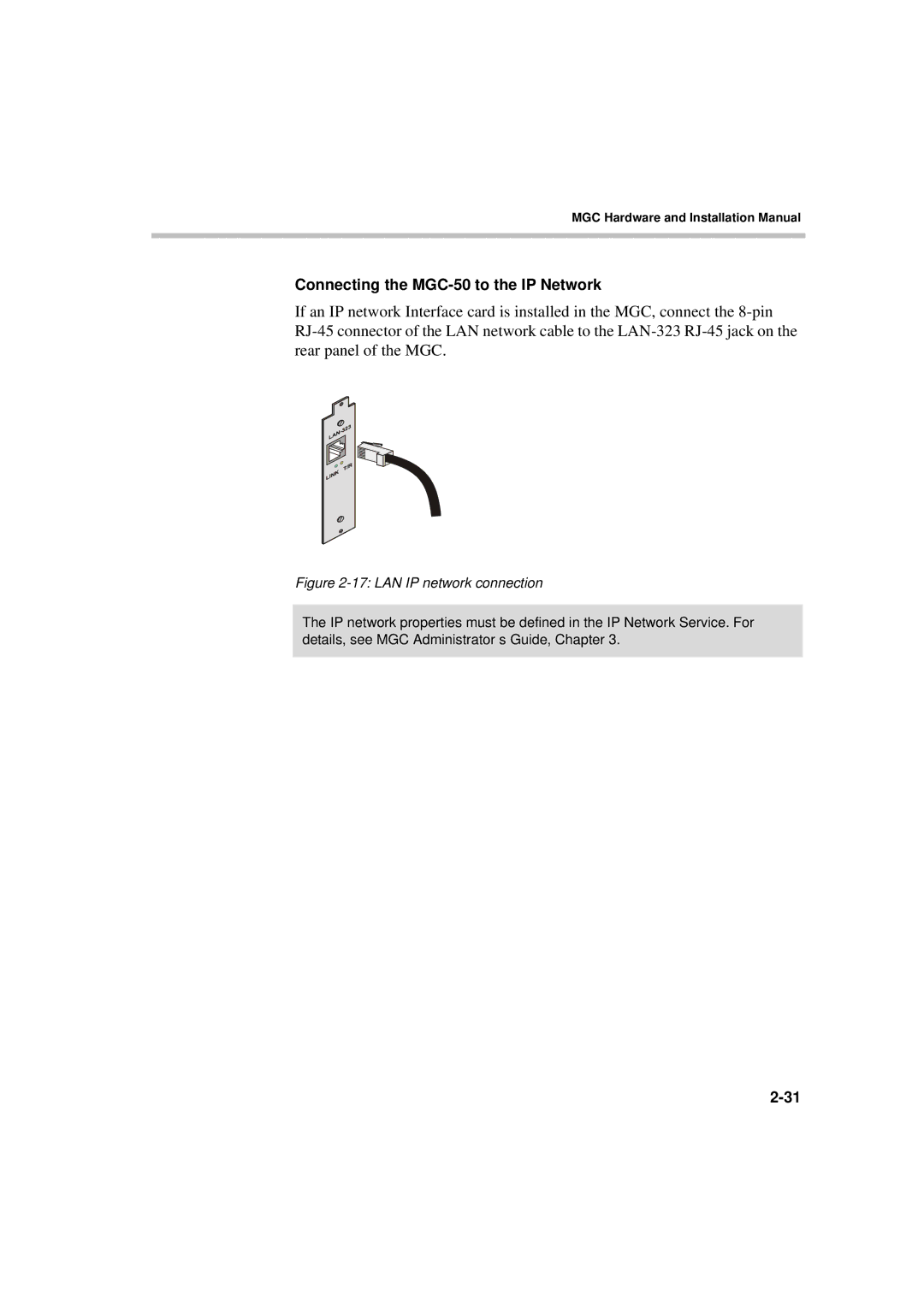 Polycom MGC-50/MGC-100 installation manual Connecting the MGC-50 to the IP Network, LAN IP network connection 