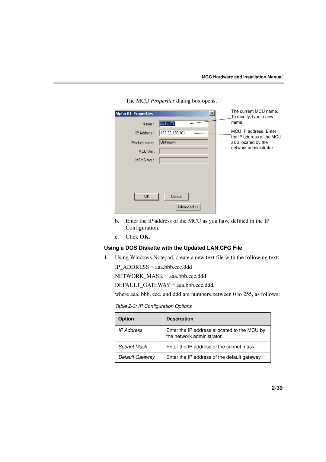 Polycom MGC-50/MGC-100 MCU Properties dialog box opens, Using a DOS Diskette with the Updated LAN.CFG File 