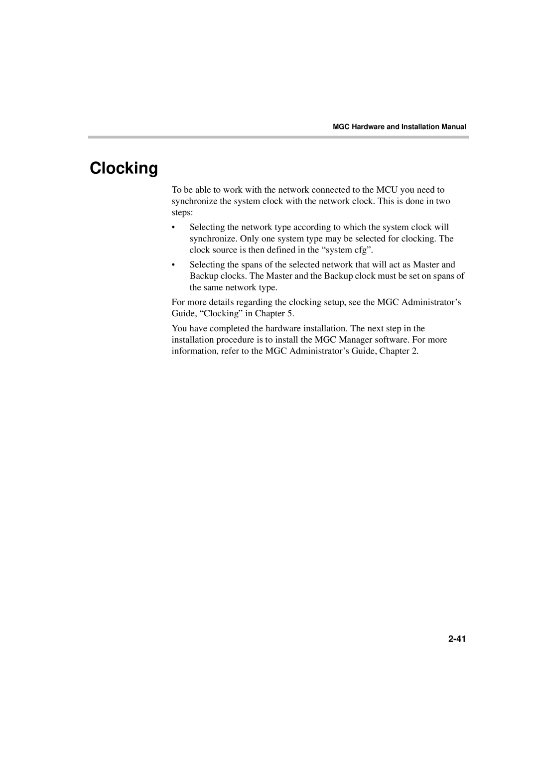 Polycom MGC-50/MGC-100 installation manual Clocking 