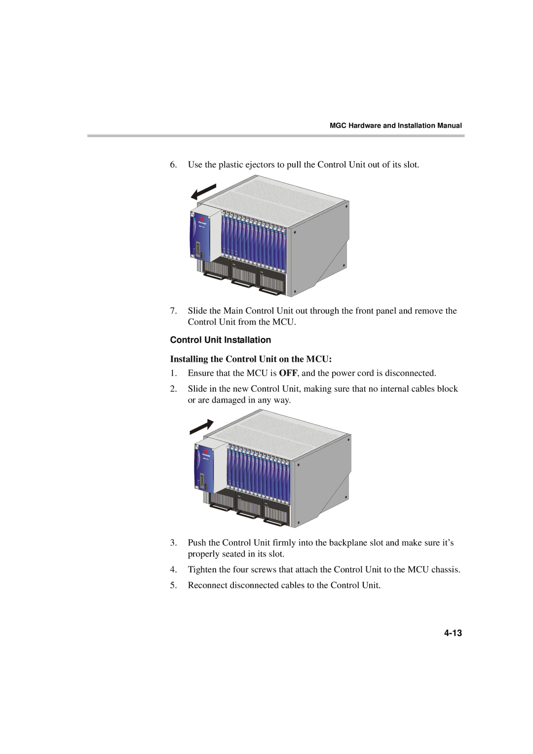 Polycom MGC-50/MGC-100 installation manual Installing the Control Unit on the MCU, Control Unit Installation 